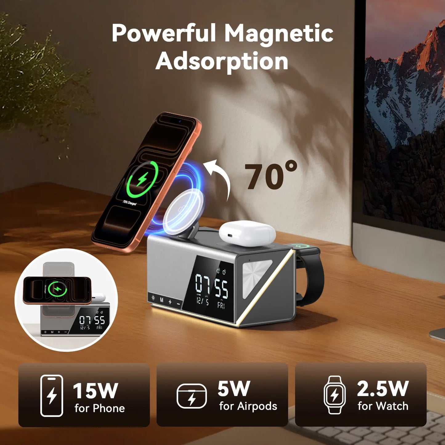 DCG01 Alarm Clock MagSafe Charging Station for iPhone & AirPods & Apple Watch