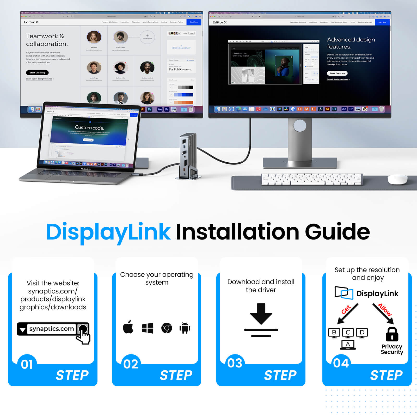 Displaylink Docking DS-C08 DisplayLink Docking Station 3 Monitors USB C Laptop Dock with 1 ...