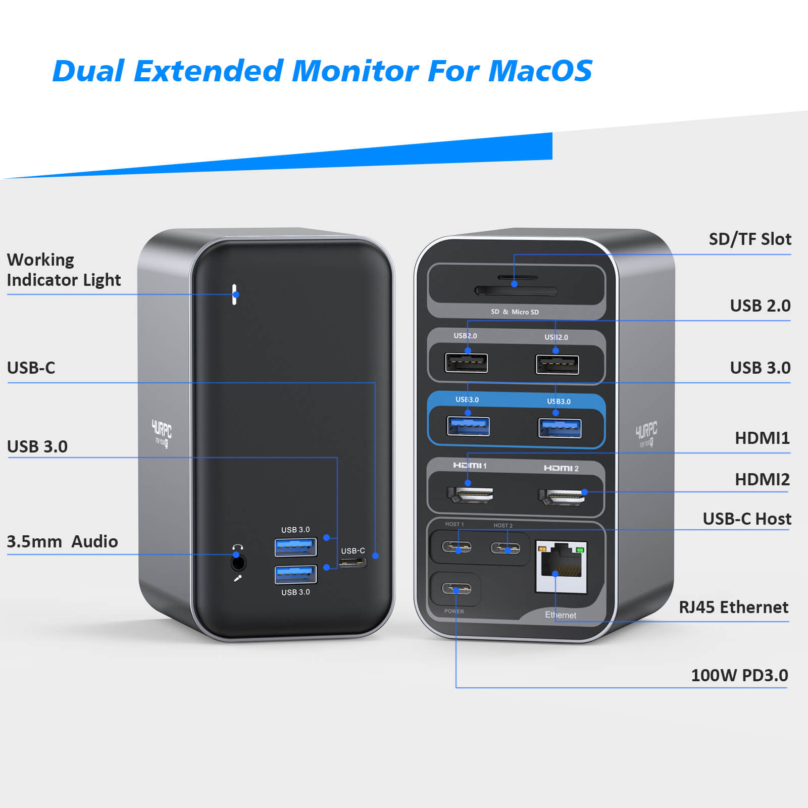 Macbook Vertical Stand Dual Monitor USB C Docking Station- 4URPC