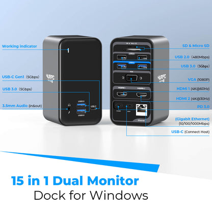 4URPC USB C Dual Monitor Dock for macOS with 15 Ports