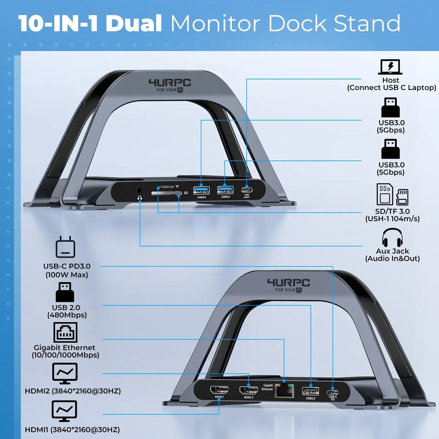 4urpc hu104 docking stand 10 in 1 dual monitor dock stand