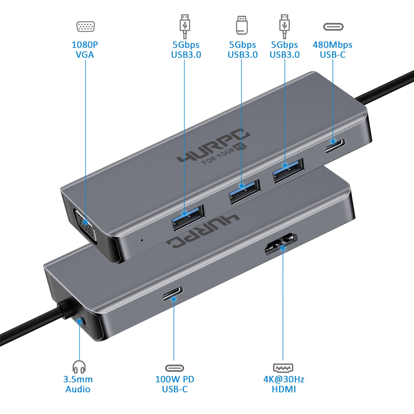 4URPC 8-IN-1 USB C Hub HDMI Adapter for USB Type-C Devices HU-103