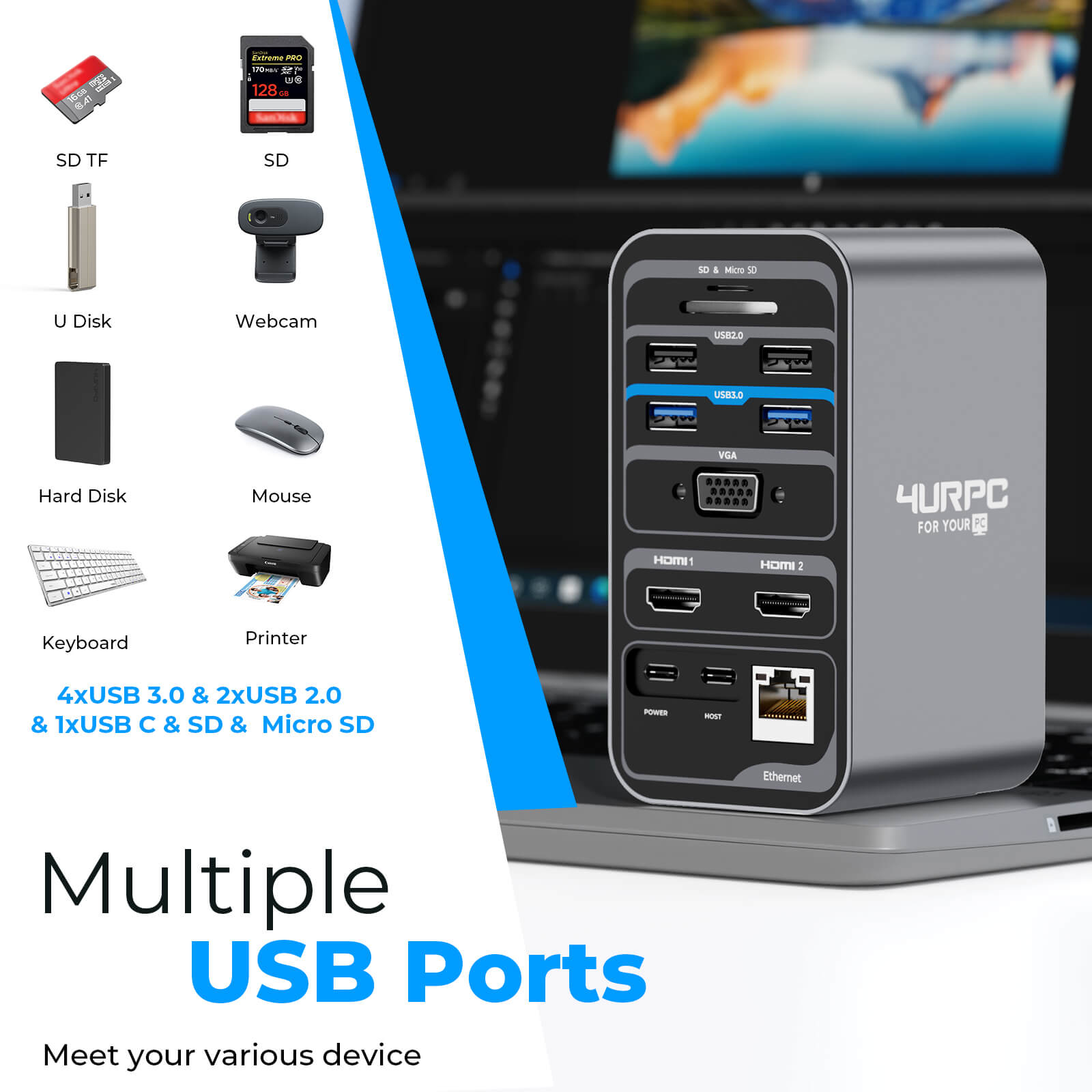 4URPC Monitor Laptop Docking Station 15-IN-1 USB C Dock Online Sale