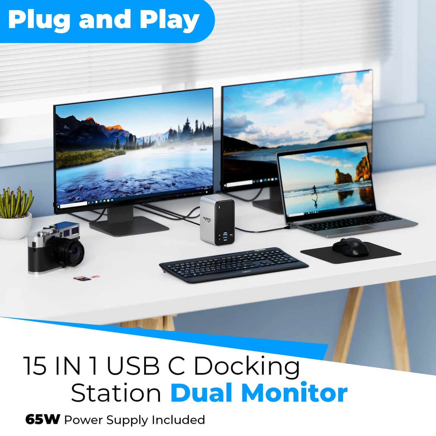 Plug and play 15 in 1 USB C docking station dual monitor dock