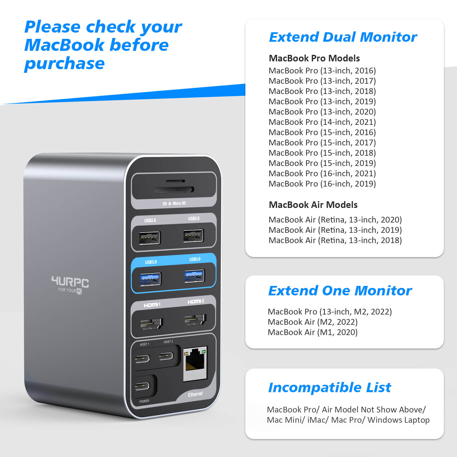 Macbook Vertical Stand Dual Monitor USB C Docking Station- 4URPC